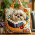 Käsintehty laukku | Shih Tzu, kirjoja ja kukkia