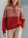 Tyylikäs Red Fair Isle Style puolivetoketjullinen villapaita