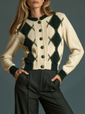 Beige ja vihreä Vintage Argyle -palmikkoneuletakki